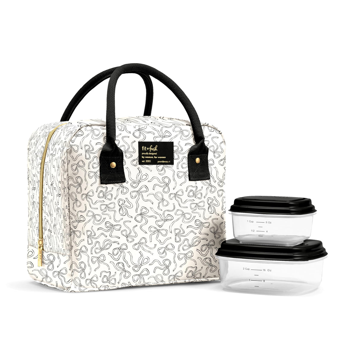 Fit & Fresh Bloomington Lunch Bag for Women - Insulated Large Lunch Box for Work with Containers, Leak-Resistant, Stain-Resistant, Zipper Closure, Feline Fine Ivory