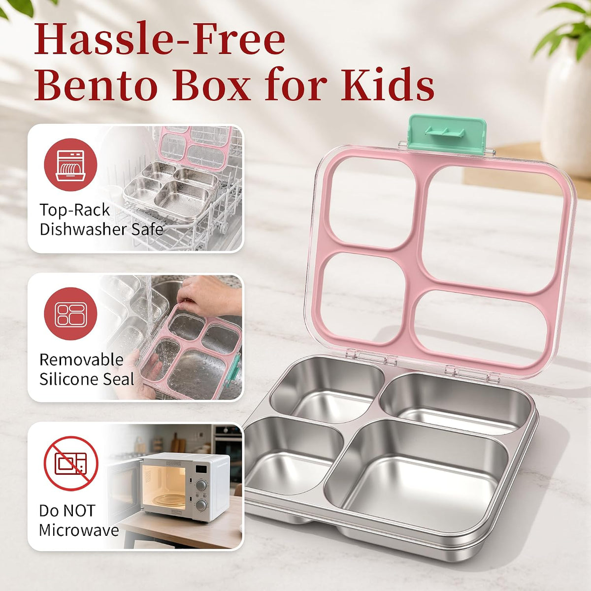 Stainless Steel Lunch Box for Kids, Leakproof 4 Compartment Kids Bento Lunch Box with Clear Lid, BPA-Free Steel Lunch Box Containers for School Travel (Pink)