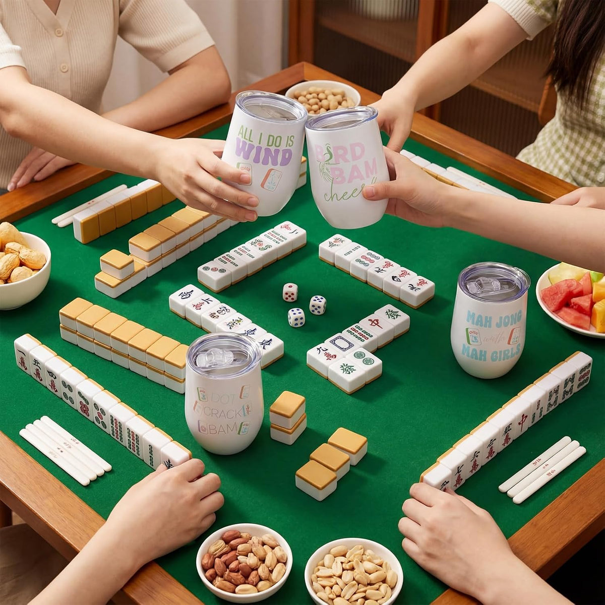 Patelai 4 PC Mahjong Cup Gift Tumbler with Lid Straw, 12 oz, Cute Mahjong