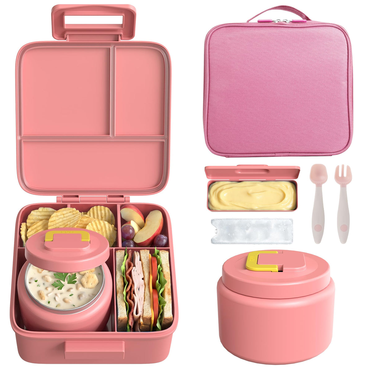 MAISON HUIS Bento Lunch Box with 8oz Soup Thermo, 5-Compartment Leak-Proof Container, Thermo Hot Food Jar and Insulated Lunch Bag, BPA Free,Travel, School