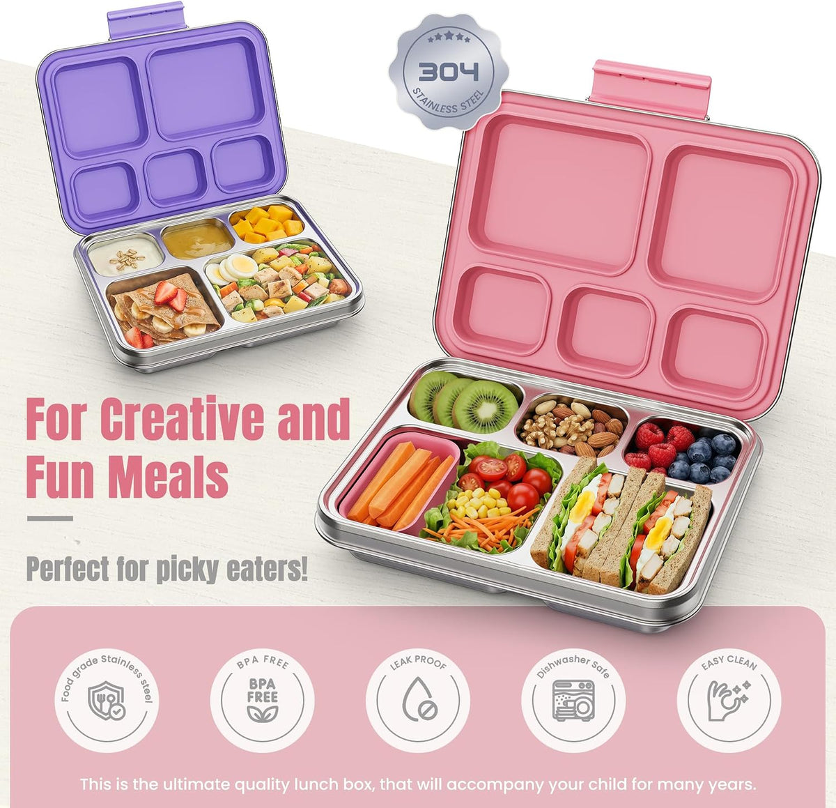 Stainless Steel Bento Lunch Box for Kids & Adults, 5 Compartment Metal Portable Bento Box with Silicone Food Container and Removable Silicone Seal,BPA-Free,School,Office(Pink)
