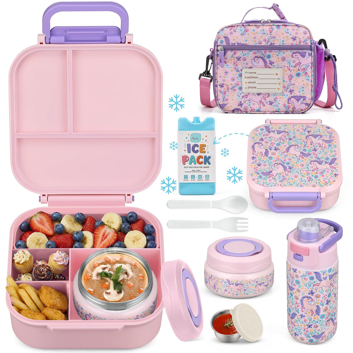 Bento Lunch Box for Kids with 7oz Soup Thermo,Insulated Stainless Steel Kids Water Bottle with Straw and Insulated Lunch Bag,Leak-Proof Lunch Food Container with Ice Pack for School(Black)