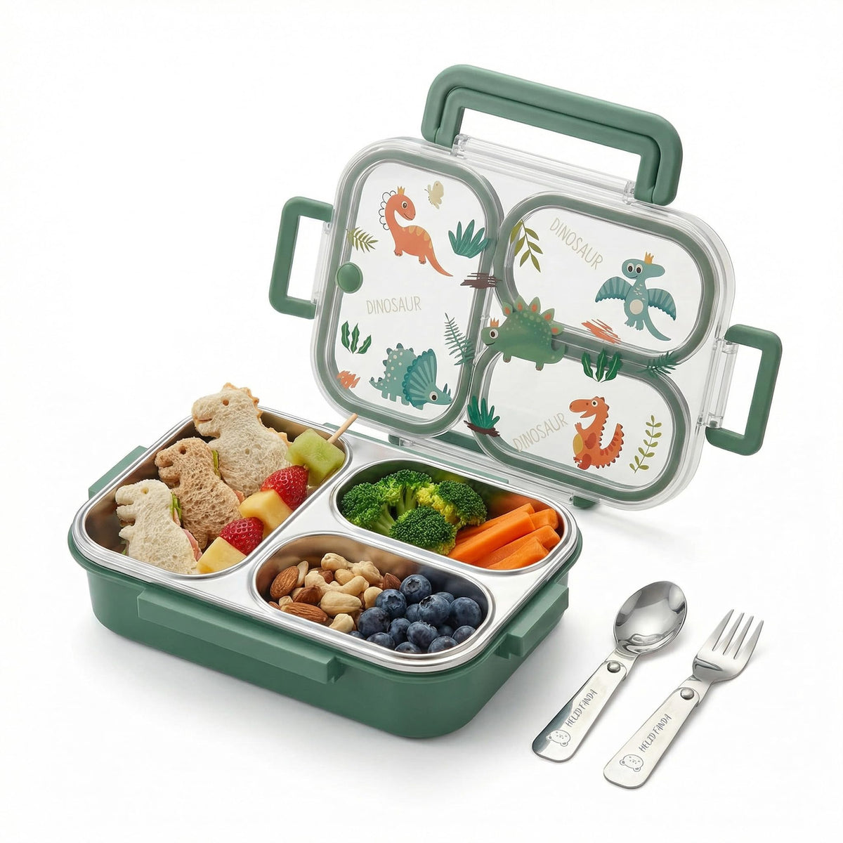 Bento Box Adult Lunch Box - Microwave Safe Stainless Steel Meal Prep Containers, 1200ML Large Capacity 4-Compartment Leak Proof Food Container with Handle & Utensils for Work, Office [Green]