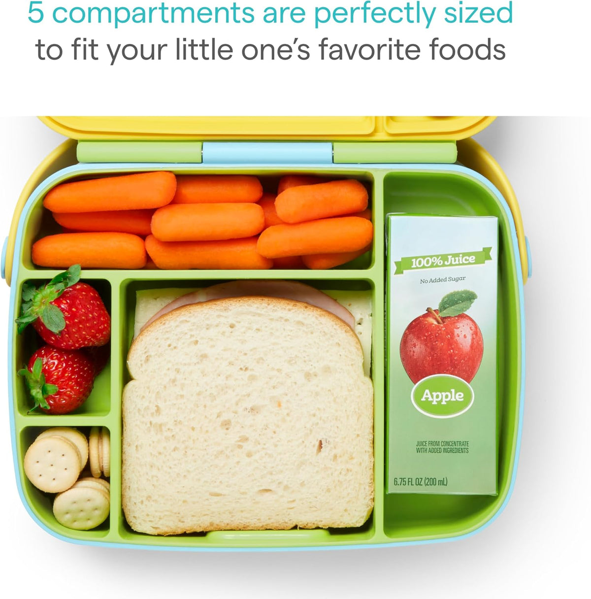 Munchkin Lunch Bento Box for Kids and Toddlers, Includes Stainless Steel Utensils, BPA-Free, 18 Months and Up, Blue/Green/Yellow