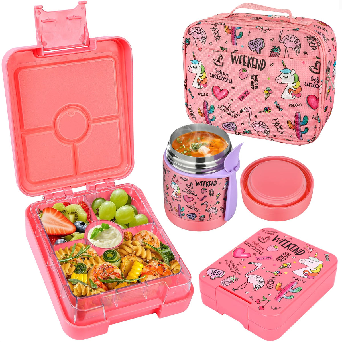 Pawtong Bento Lunch Box Set With 10oz Soup Thermo, Leak-proof Lunch Containers with 4 Compartment, Kids Hot Thermo Food Jar/Insulation Lunch Bag, Food Containers for School (Black)