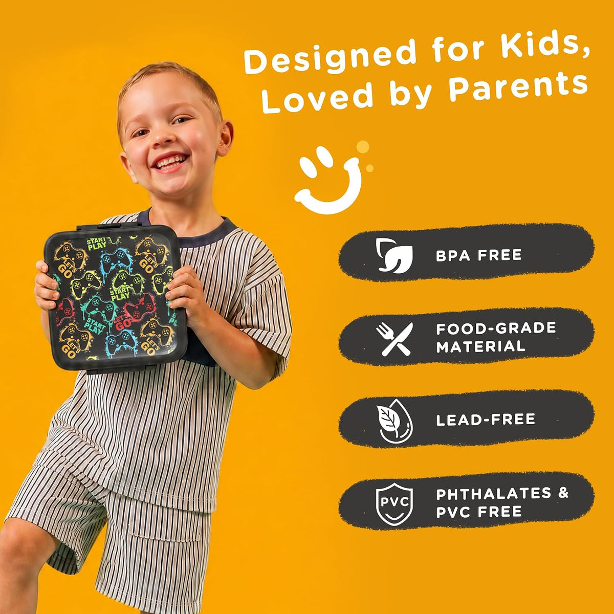 JXXM Bento Lunch Box for Kids With 8oz Soup thermo,Leak-proof Lunch Containers with 5 Compartment,thermo Food Jar and Lunch Bag, Food Containers for School (A-Black(Game Consoley))