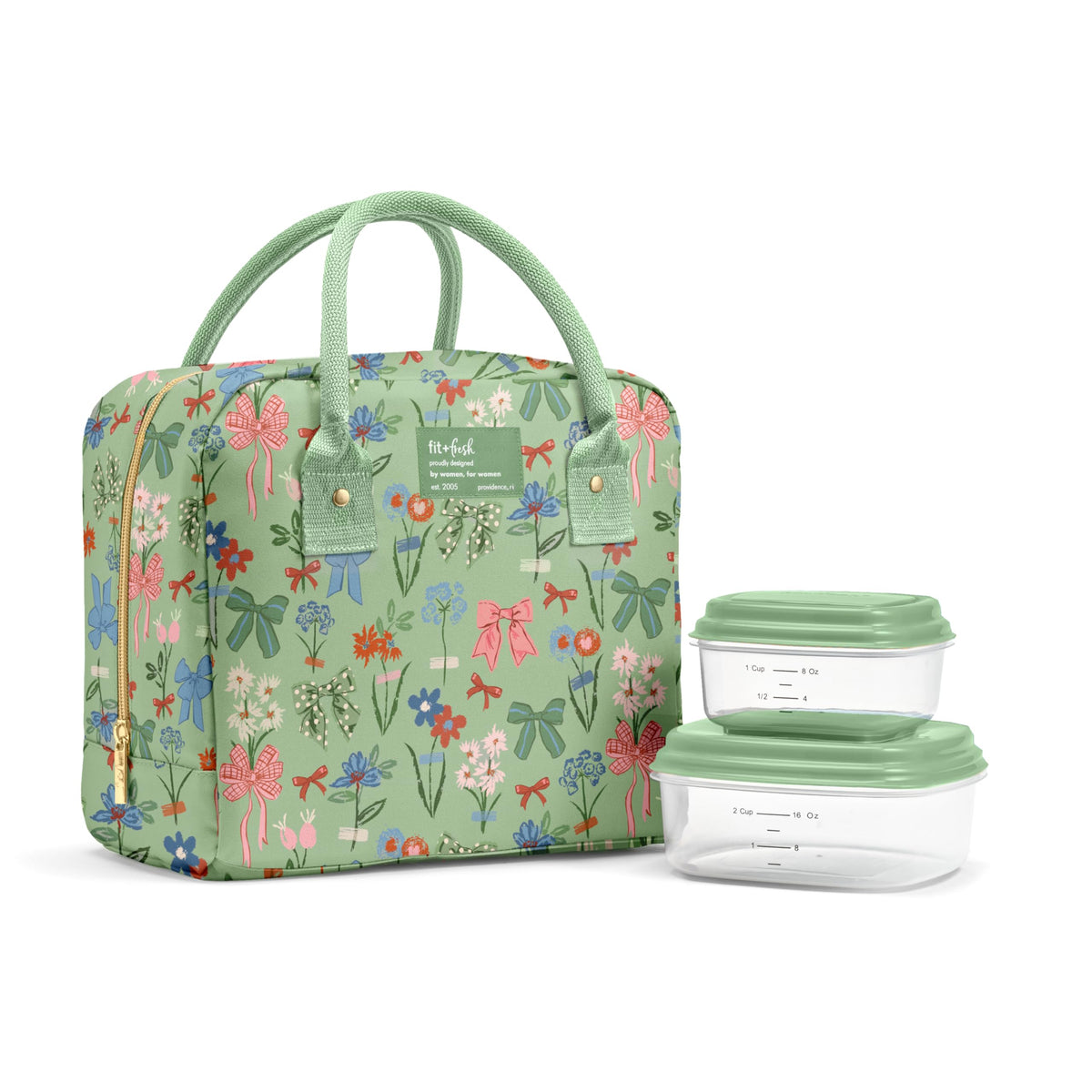 Fit & Fresh Bloomington Lunch Bag for Women - Insulated Large Lunch Box for Work with Containers, Leak-Resistant, Stain-Resistant, Zipper Closure, Feline Fine Ivory