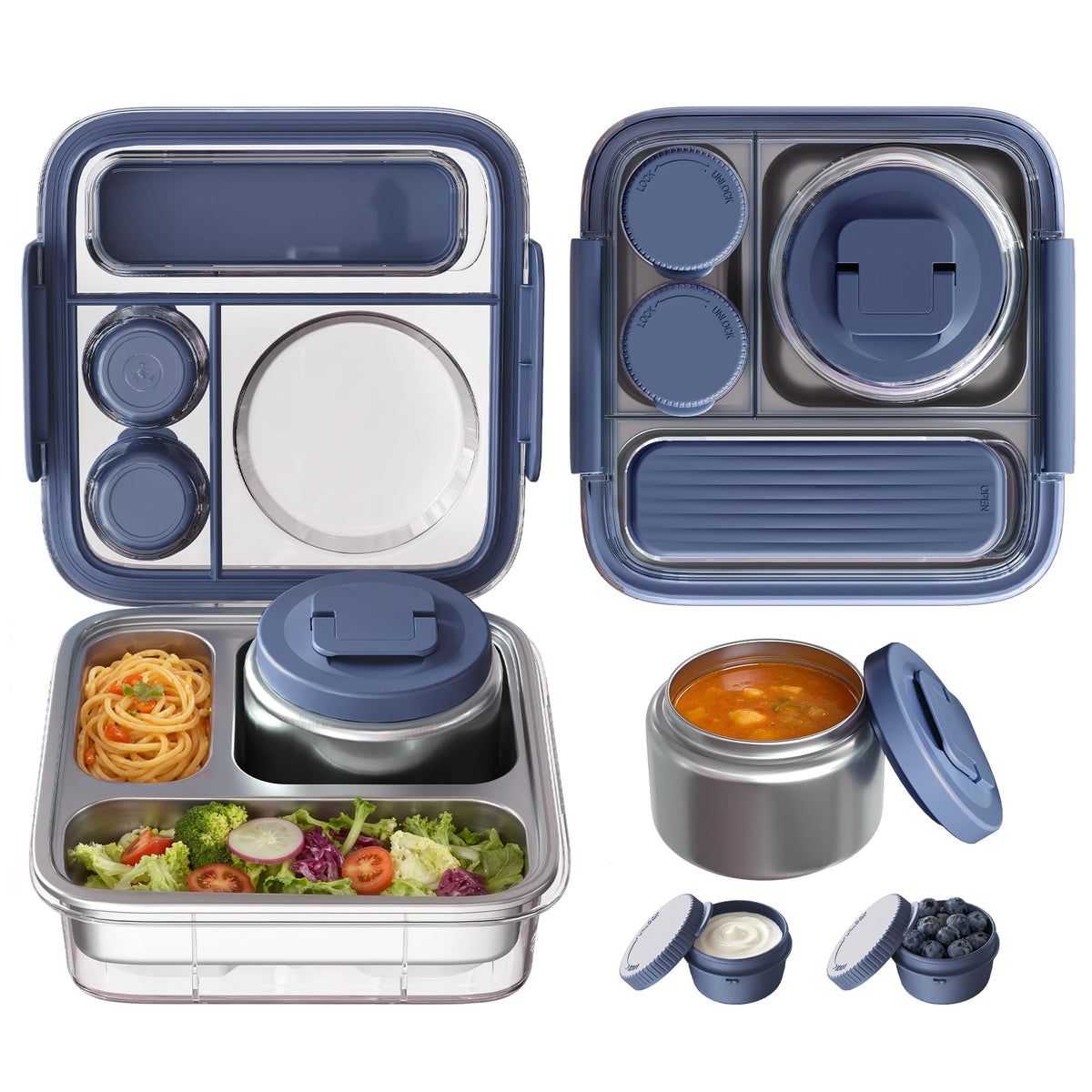 Stainless Steel Bento Lunch Box for Kids Adults with 8oz Insulated Food Jar,Ice Pack,Leak-proof,Dishwasher-Safe,Transparent Lid with Sauce Cup and Cutlery Storage for School & Travel,BPA-Free(Purple)