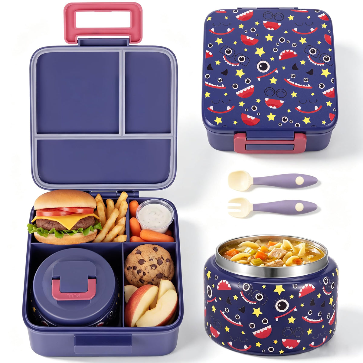 MAISON HUIS Bento Lunch Box with 8oz Soup Thermo, 5-Compartment Leak-Proof Container, Thermo Hot Food Jar and Insulated Lunch Bag, BPA Free,Travel, School