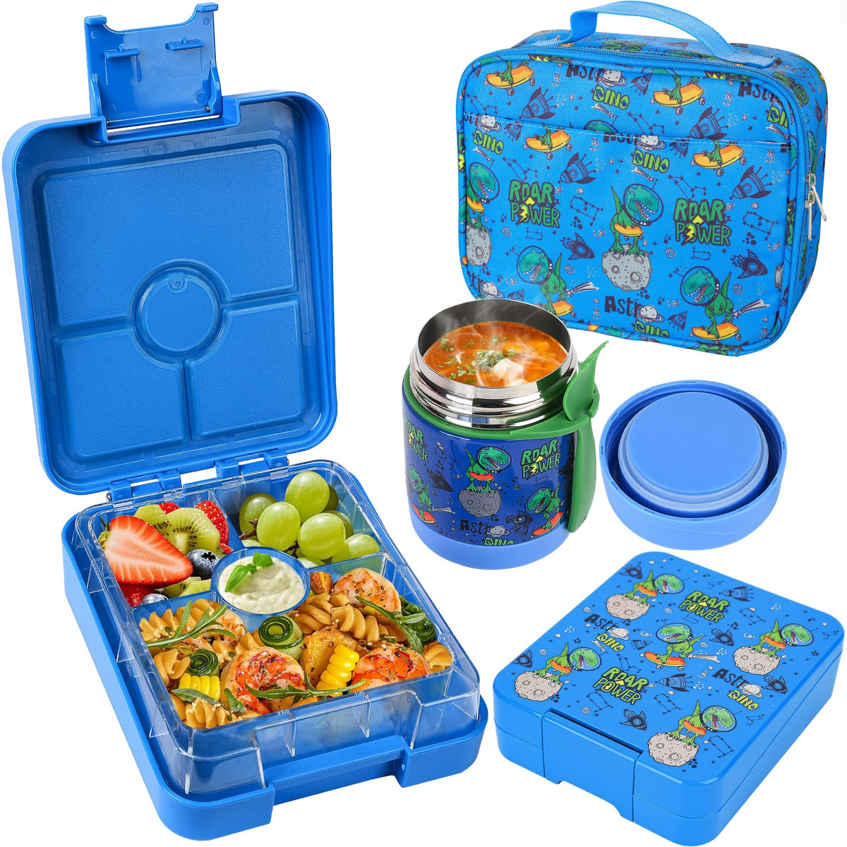 Pawtong Bento Lunch Box Set With 10oz Soup Thermo, Leak-proof Lunch Containers with 4 Compartment, Kids Hot Thermo Food Jar/Insulation Lunch Bag, Food Containers for School (Black)