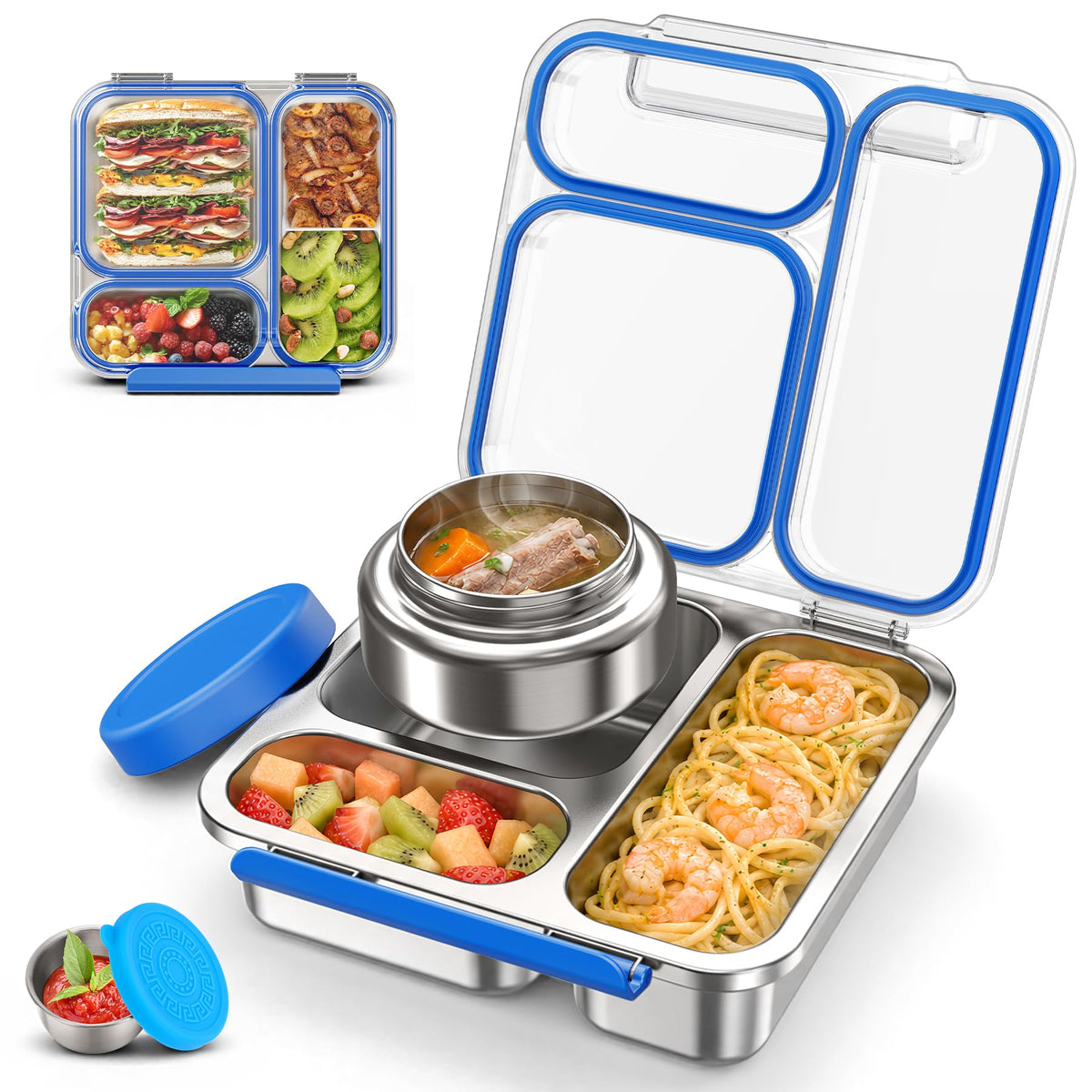 Stainless Steel Bento Box Kids Adult with 7oz Soup Thermo, Transparent Lid 3 Compartments Metal Bento Lunch Box with Insulated Food Jar,Lunch Box Container Sauce Cup for School,BPA-Free(Purple)