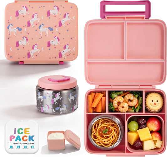 Kids Bento Lunch Box with 8oz Thermo, Ice Pack & Dividers for School
