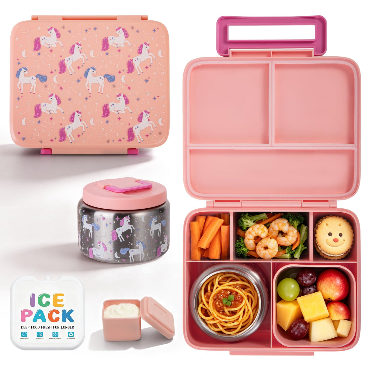 Kids Bento Lunch Box with 8oz Thermo, Ice Pack & Dividers for School