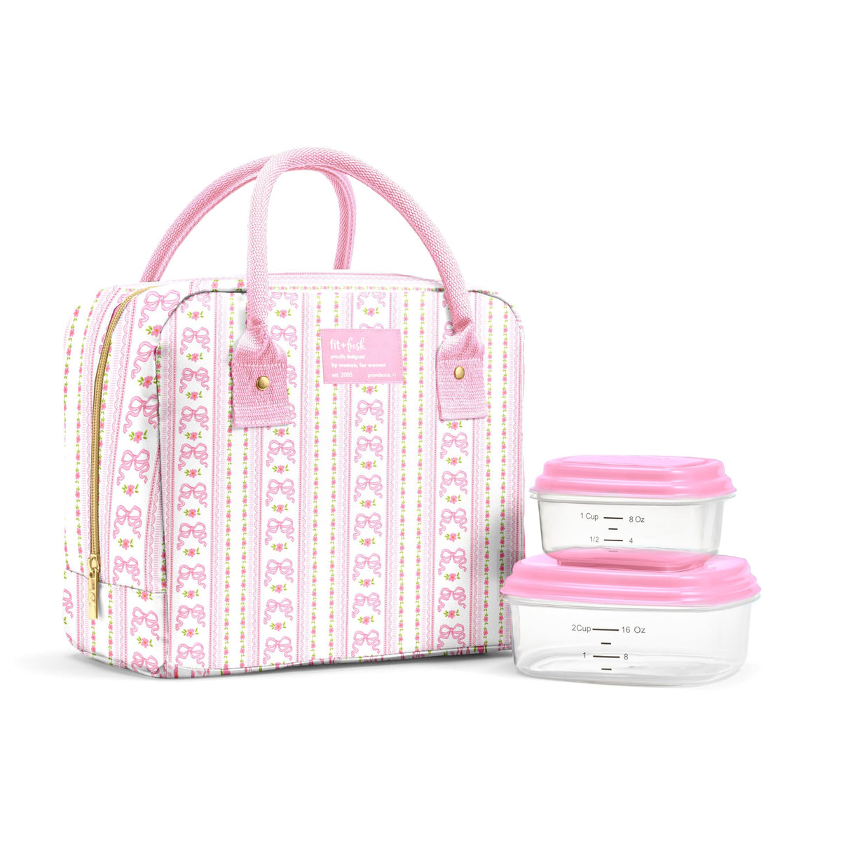 Fit & Fresh Bloomington Lunch Bag for Women - Insulated Large Lunch Box for Work with Containers, Leak-Resistant, Stain-Resistant, Zipper Closure, Feline Fine Ivory