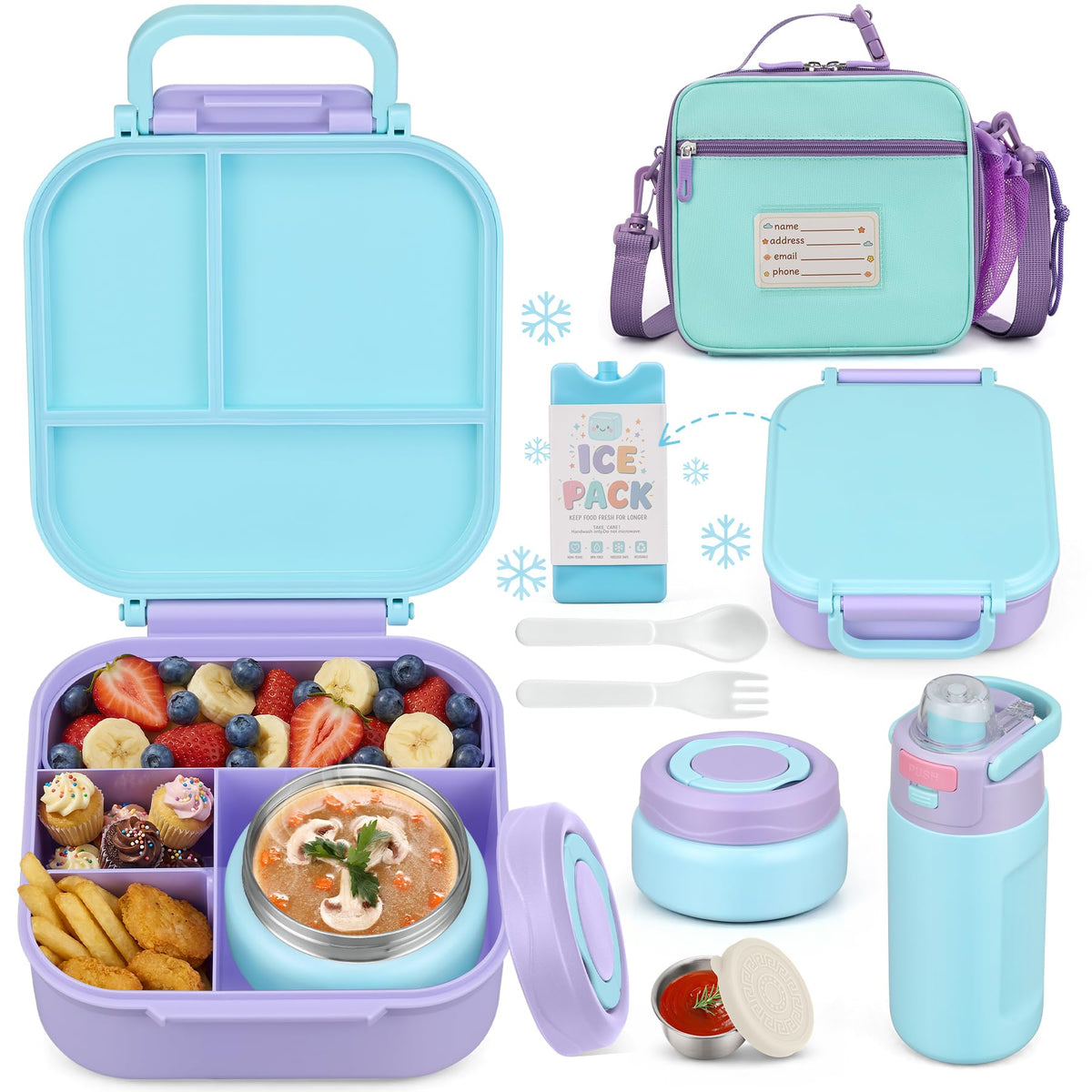 Bento Lunch Box for Kids with 7oz Soup Thermo,Insulated Stainless Steel Kids Water Bottle with Straw and Insulated Lunch Bag,Leak-Proof Lunch Food Container with Ice Pack for School(Black)