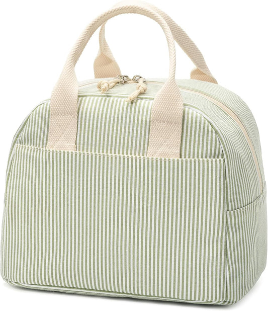 LOVELYWIND Lunch Box for Women, Insulated Lunch Bag, Green Stripe Tote 9L