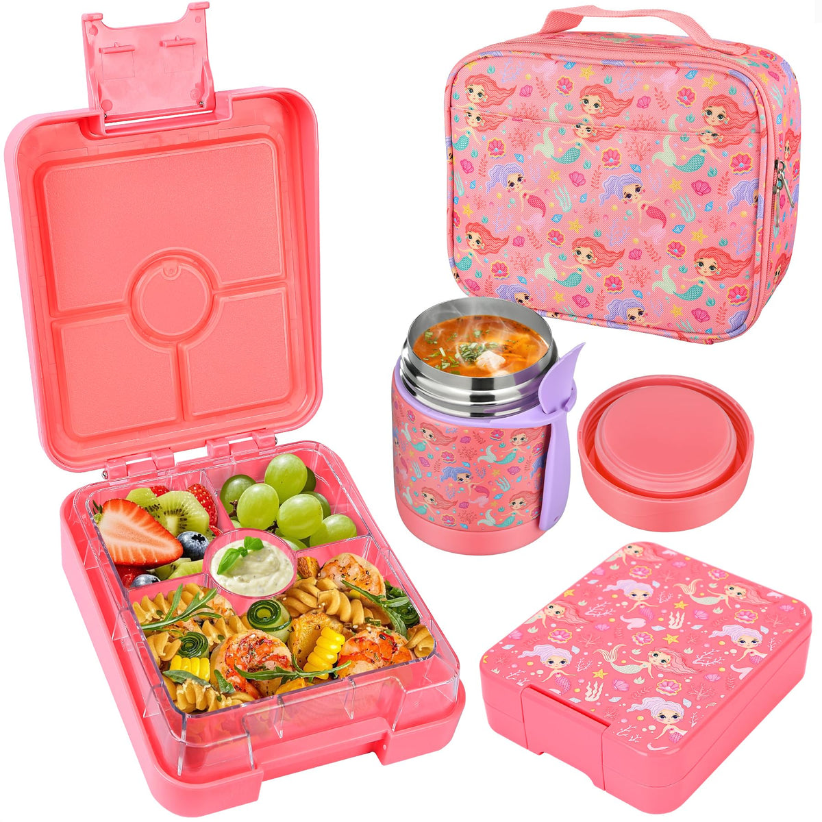 Pawtong Bento Lunch Box Set With 10oz Soup Thermo, Leak-proof Lunch Containers with 4 Compartment, Kids Hot Thermo Food Jar/Insulation Lunch Bag, Food Containers for School (Black)