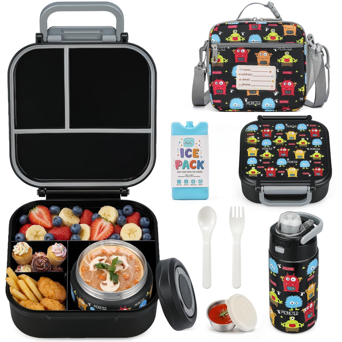 Bento Lunch Box for Kids with 7oz Soup Thermo,Insulated Stainless Steel Kids Water Bottle with Straw and Insulated Lunch Bag,Leak-Proof Lunch Food Container with Ice Pack for School(Black)