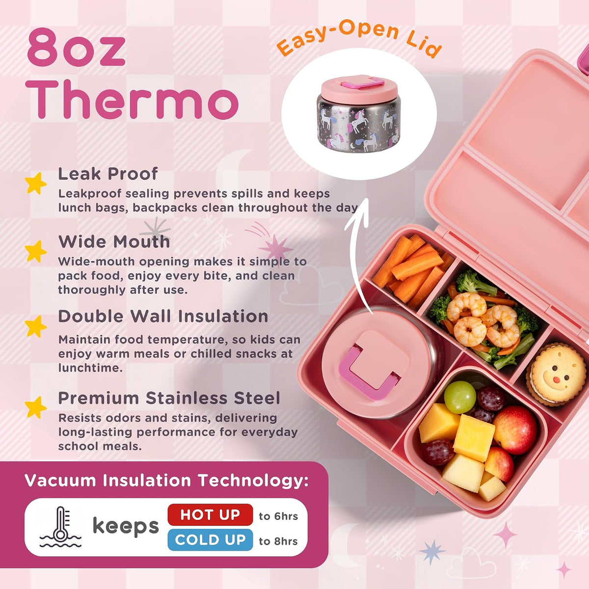 Kids Bento Lunch Box with 8oz Thermo, Ice Pack & Dividers for School