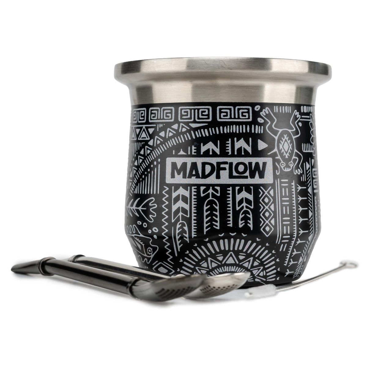 MADFLOW Yerba Mate Cup. Stainless Steel Mate Cup with 2 Bombillas. Double Wall Vacuum Insulated Yerba Mate Gourd. Unique Mate Cup And Bombilla Set