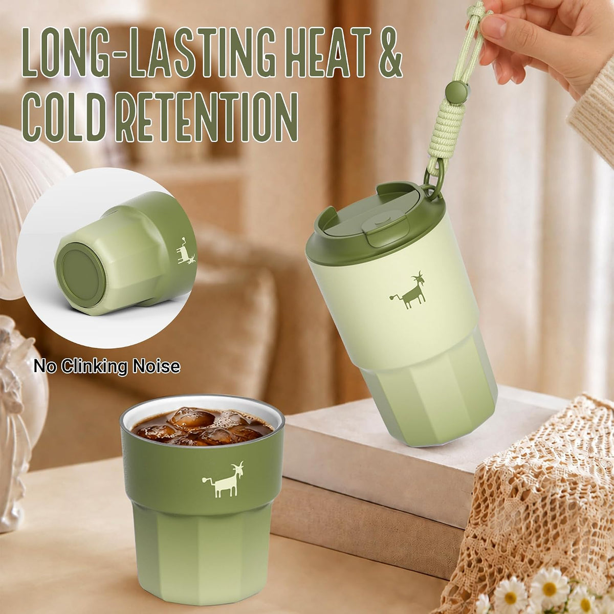 CHEERFUL GOAT Ceramic Lined Coffee Mug – Stainless Steel Travel insulated Tumbler with Ceramic Liner, with lid 10oz Leak Proof Cup for Hot and Cold Water Coffee at Home, Office, or In the Car (Green)