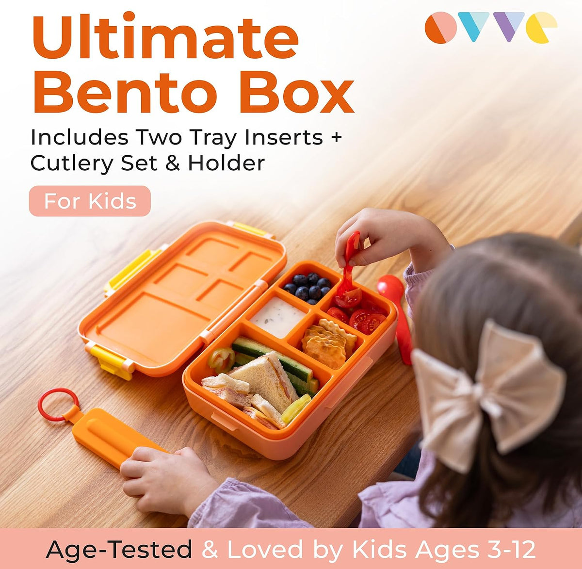 ovve Bento Box for Kids & Cutlery Set – Leakproof Kids Lunch Box, Interchangeable Inserts, BPA-Free, Dishwasher Safe Lunch Containers for School, Preschool, Toddler (Orange)