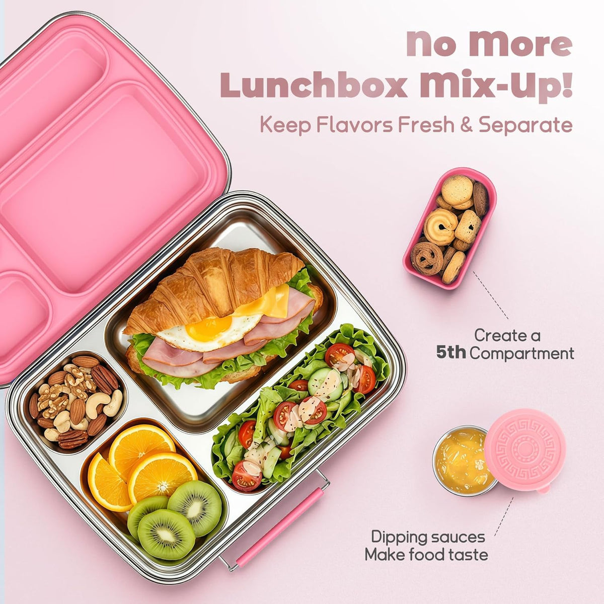 Stainless Steel Bento Box for Kids, Kids Lunch Box with 4-Compartment, Metal Lunch Box with Silicone Container & Sauce Cup, Durable Lunch Box Containers for School and Office (Pink)