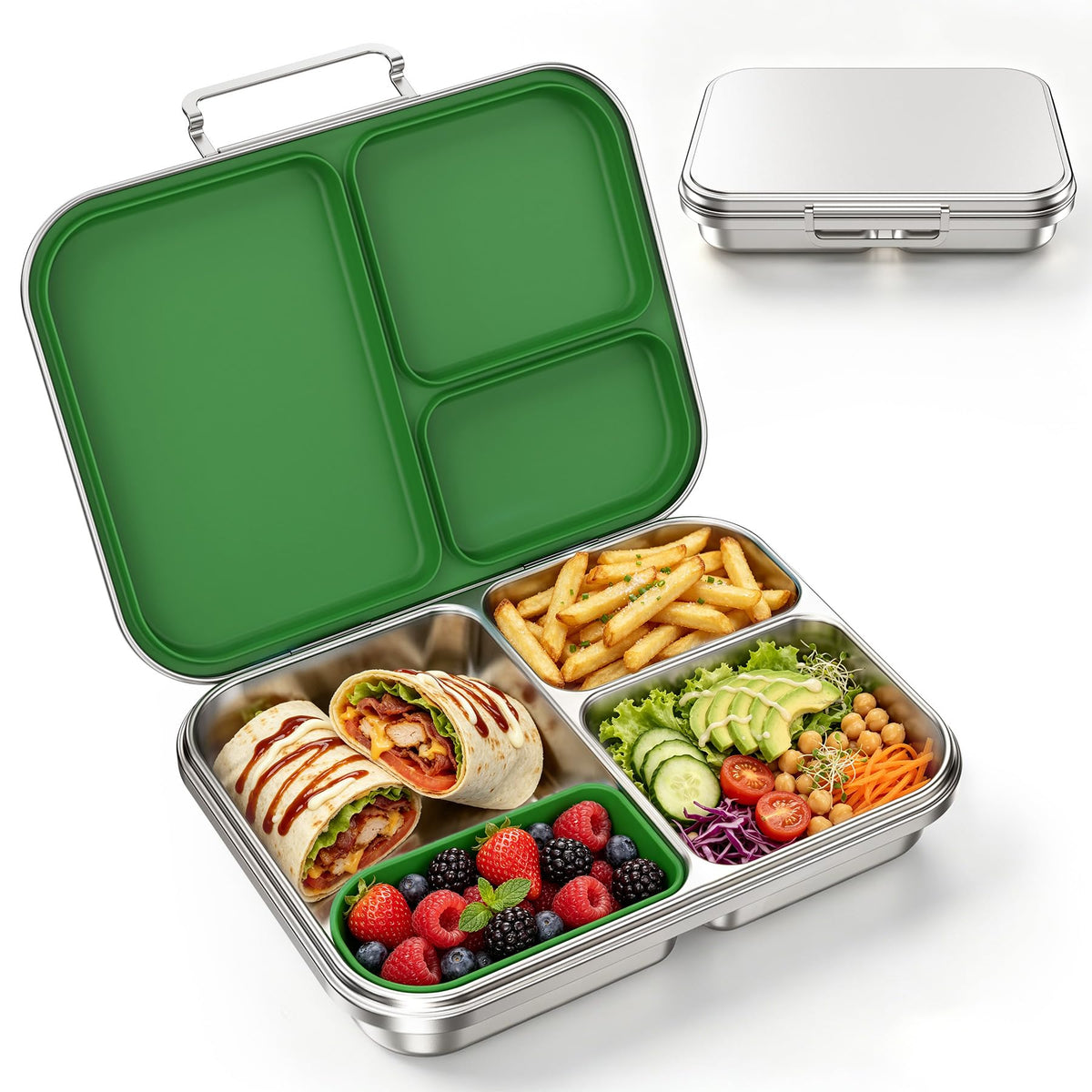 Stainless Steel Bento Lunch Box for Kids and Adults,3 Compartment Meal Lunch Box with Detachable Silicone Lid,Leak-Resistant Food Container with Snack Cup for School,BPA-Free(Grey)