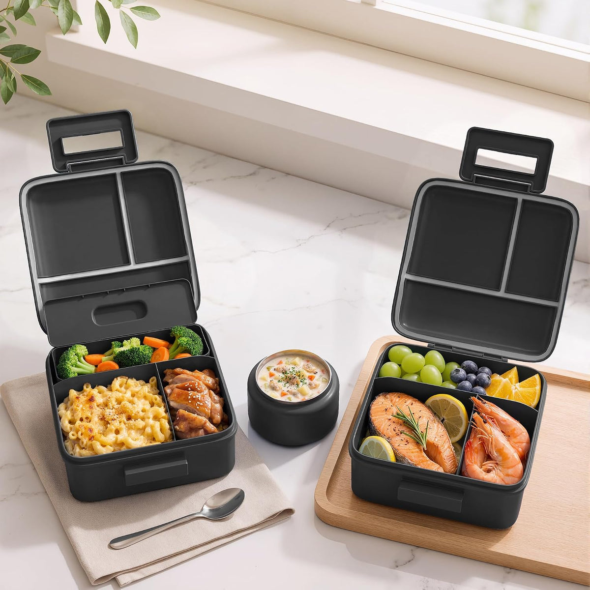 MAISON HUIS Bento Lunch Box with 8oz Soup Thermo, 5-Compartment Leak-Proof Container, Thermo Hot Food Jar and Insulated Lunch Bag, BPA Free,Travel, School
