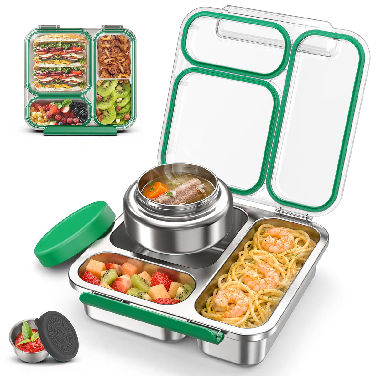 Stainless Steel Bento Box Kids Adult with 7oz Soup Thermo, Transparent Lid 3 Compartments Metal Bento Lunch Box with Insulated Food Jar,Lunch Box Container Sauce Cup for School,BPA-Free(Purple)