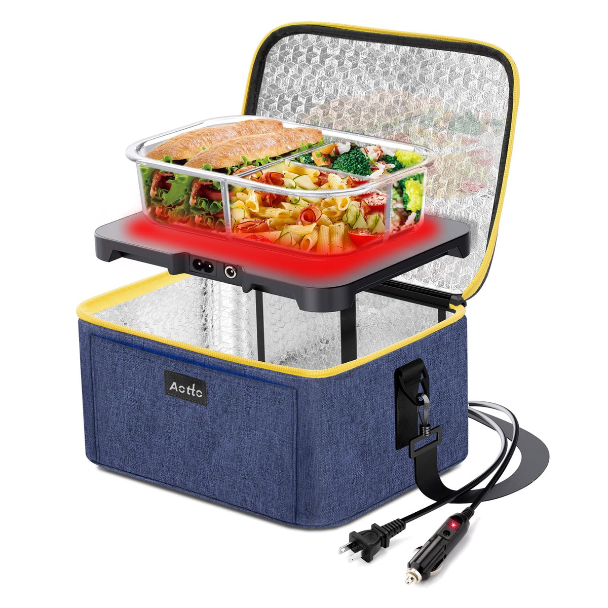 Aotto Portable Oven, Electric Lunch Box Food Heater - 12V/24V/110V 3-in-1 Car Food Warmer - Mini Personal Microwave Heated Lunch Box Warmer for Car, Truck, Travel, Office & Home Use - Black
