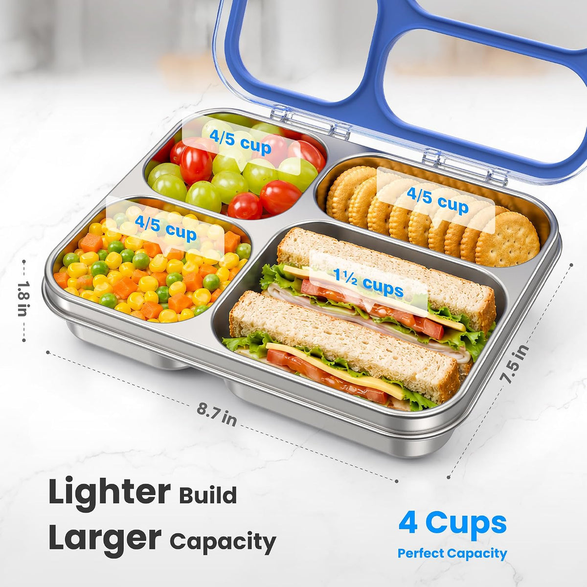 HOMEKOL Stainless Steel Bento Lunch Box, 4 Cups, Blue
