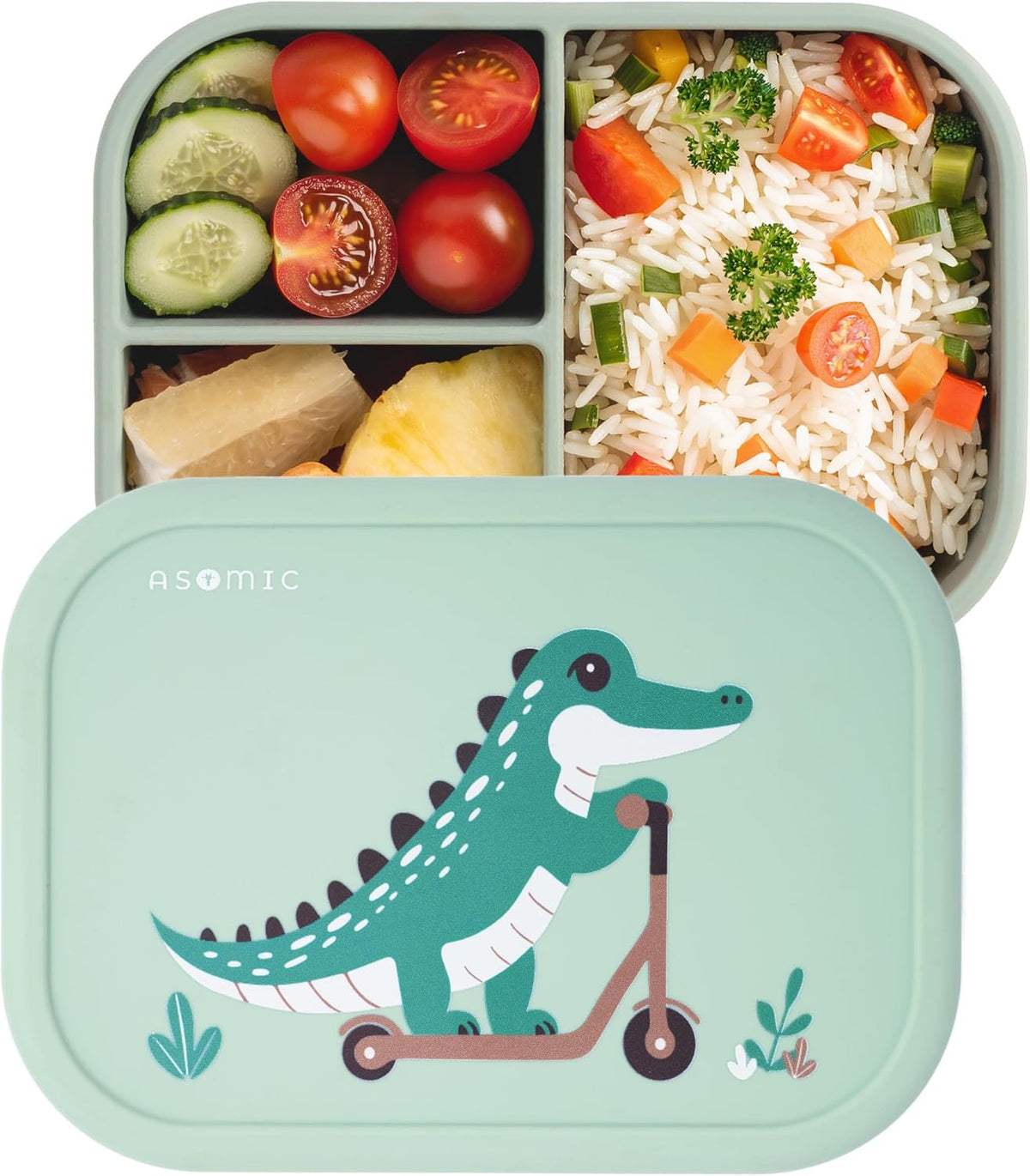 ASOMIC Silicone Bento Box for Toddlers & Kids, 3 Compartments, Crocodile