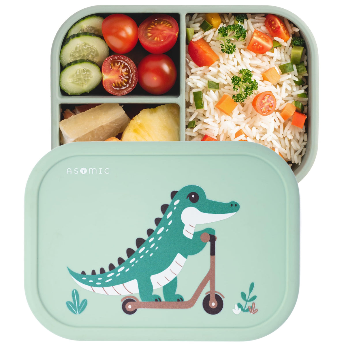 ASOMIC Silicone Bento Box for Toddlers & Kids, 3 Compartments, Crocodile