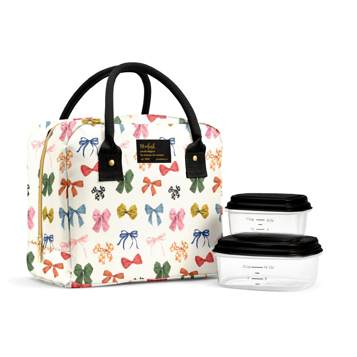 Fit & Fresh Bloomington Lunch Bag for Women - Insulated Large Lunch Box for Work with Containers, Leak-Resistant, Stain-Resistant, Zipper Closure, Feline Fine Ivory