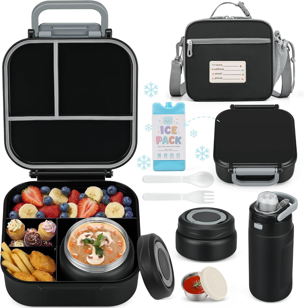 Bento Lunch Box for Kids with 7oz Soup Thermo,Insulated Stainless Steel Kids Water Bottle with Straw and Insulated Lunch Bag,Leak-Proof Lunch Food Container with Ice Pack for School(Black)
