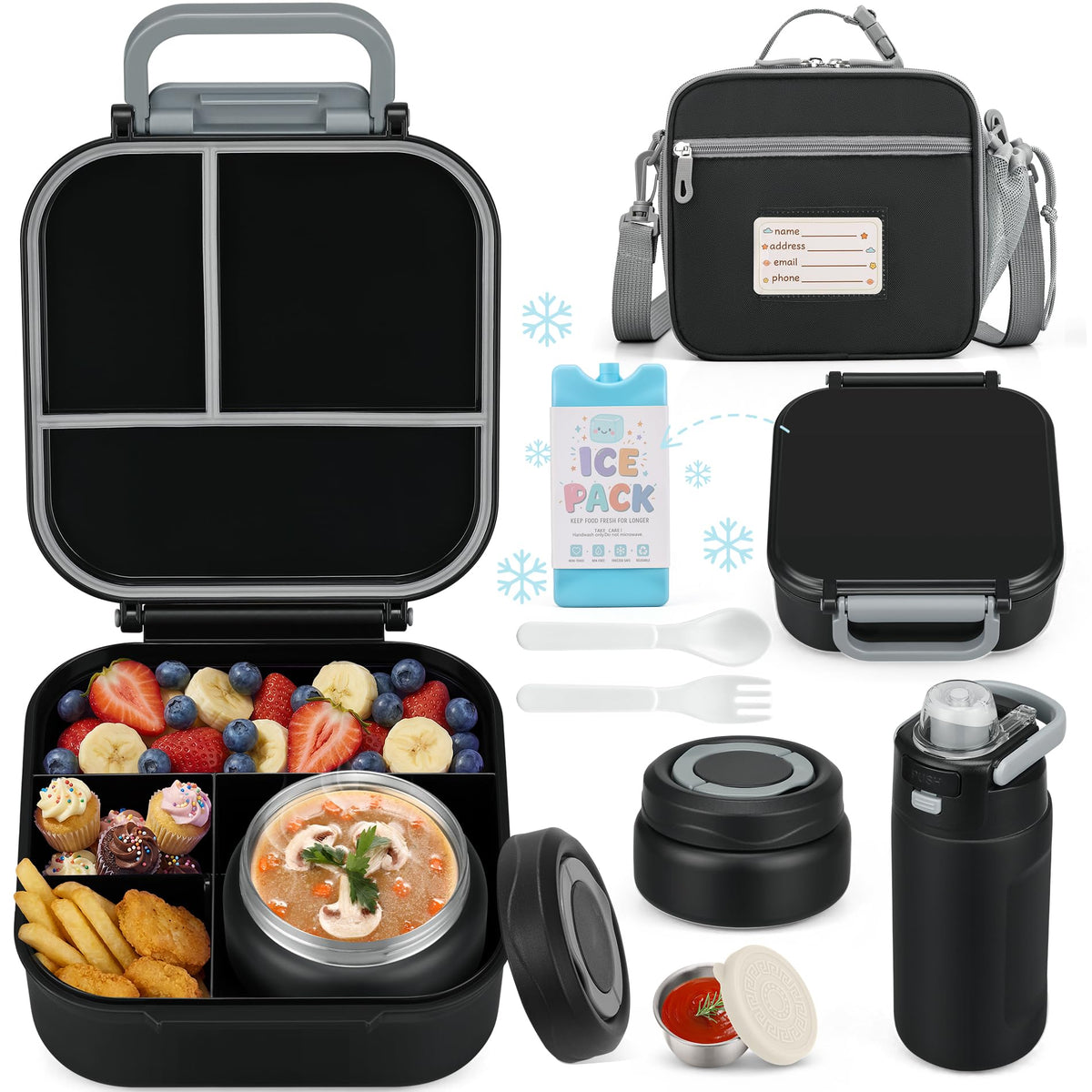 Bento Lunch Box for Kids with 7oz Soup Thermo,Insulated Stainless Steel Kids Water Bottle with Straw and Insulated Lunch Bag,Leak-Proof Lunch Food Container with Ice Pack for School(Black)