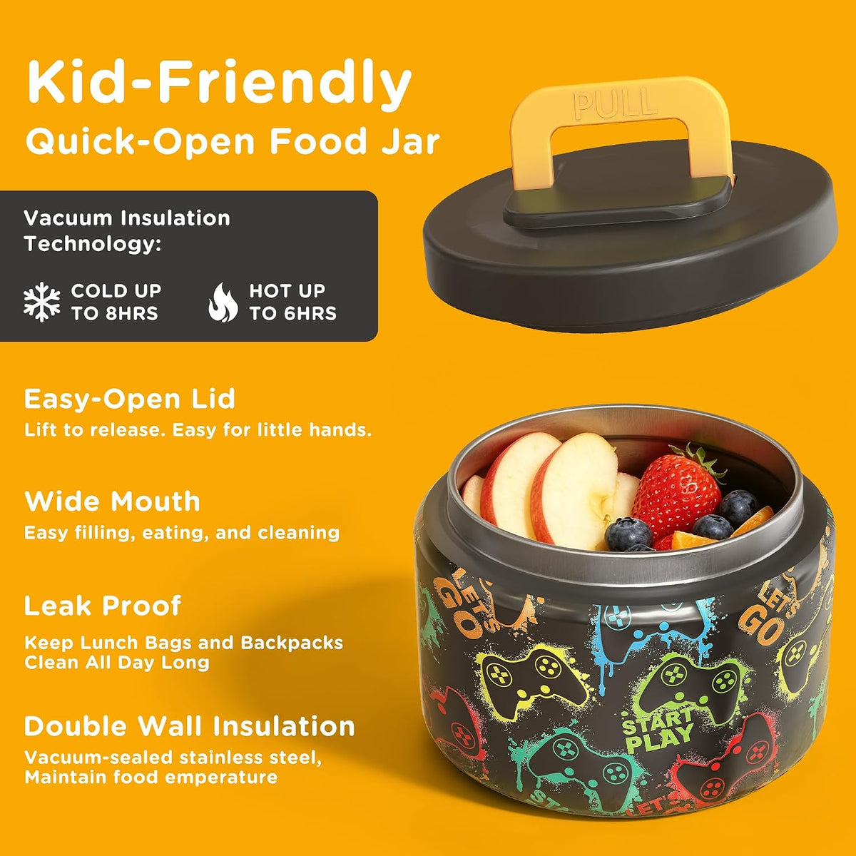 JXXM Bento Lunch Box for Kids With 8oz Soup thermo,Leak-proof Lunch Containers with 5 Compartment,thermo Food Jar and Lunch Bag, Food Containers for School (A-Black(Game Consoley))