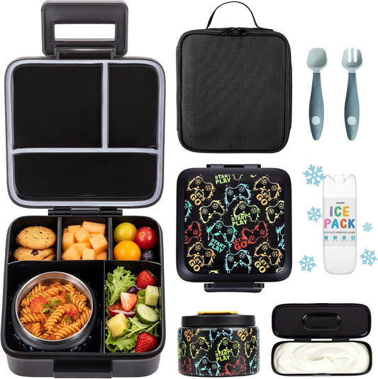 JXXM Bento Lunch Box for Kids With 8oz Soup thermo,Leak-proof Lunch Containers with 5 Compartment,thermo Food Jar and Lunch Bag, Food Containers for School (A-Black(Game Consoley))