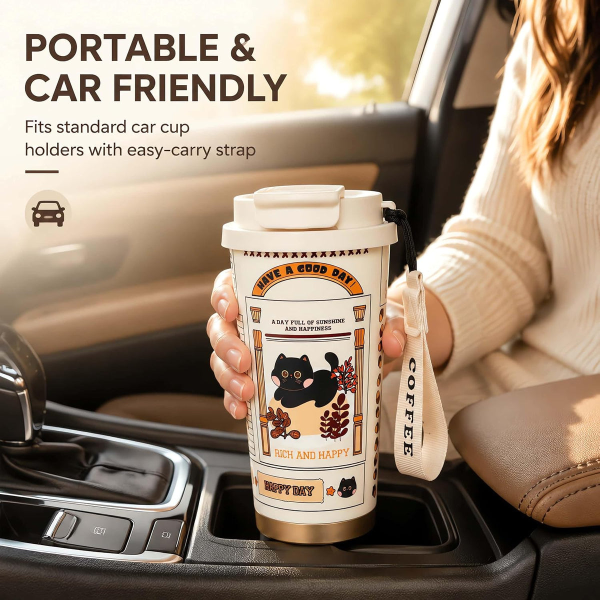 16oz Cat Coffee Travel Mug with Lid and Straw