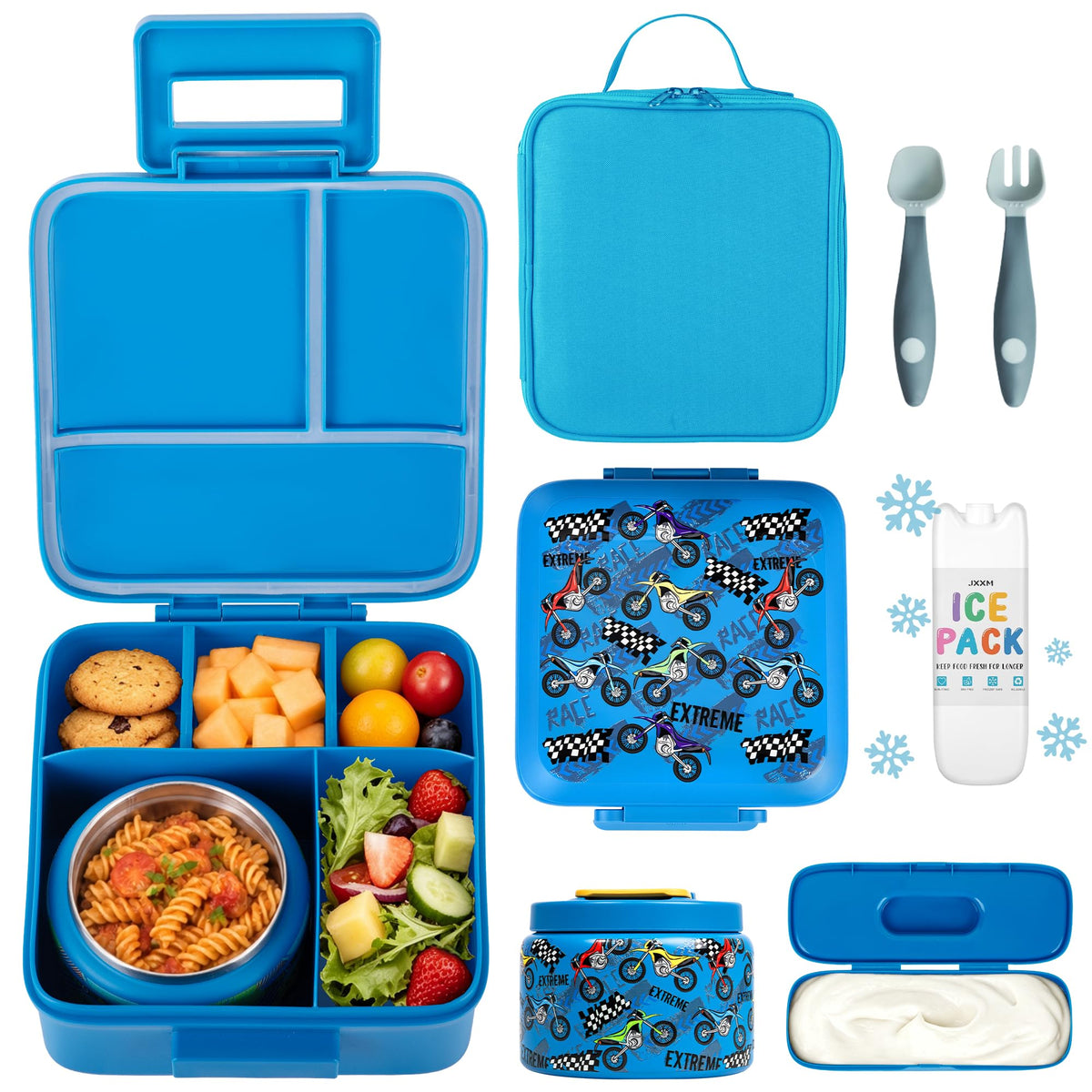 JXXM Bento Lunch Box for Kids With 8oz Soup thermo,Leak-proof Lunch Containers with 5 Compartment,thermo Food Jar and Lunch Bag, Food Containers for School (A-Black(Game Consoley))