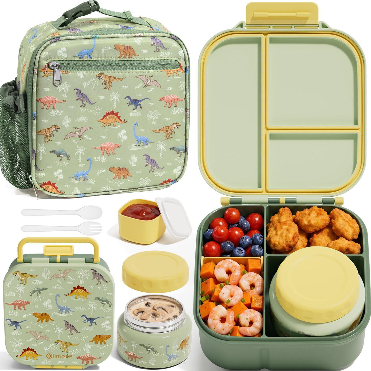Fimibuke Kids Bento Lunch Box w/ 8.5oz Thermo Food Jar, Insulated Lunch Bag