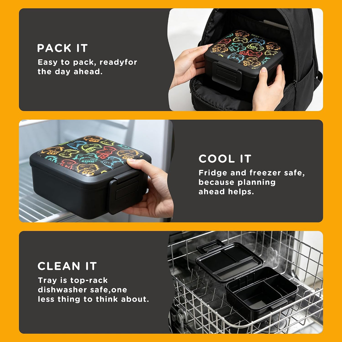 JXXM Bento Lunch Box for Kids With 8oz Soup thermo,Leak-proof Lunch Containers with 5 Compartment,thermo Food Jar and Lunch Bag, Food Containers for School (A-Black(Game Consoley))