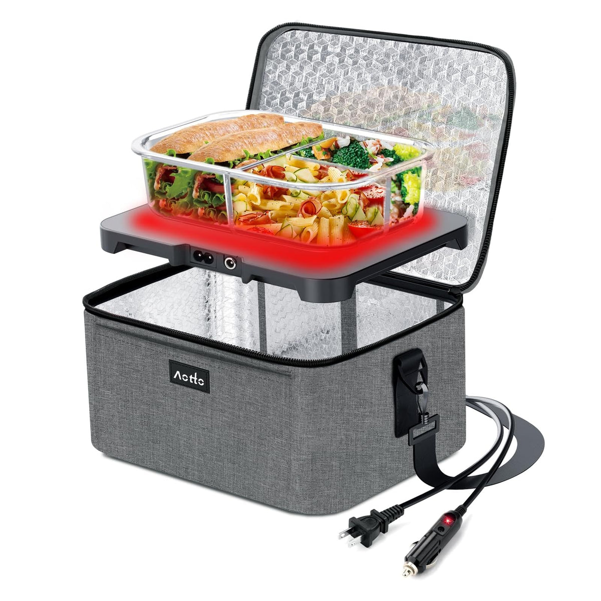 Aotto Portable Oven, Electric Lunch Box Food Heater - 12V/24V/110V 3-in-1 Car Food Warmer - Mini Personal Microwave Heated Lunch Box Warmer for Car, Truck, Travel, Office & Home Use - Black