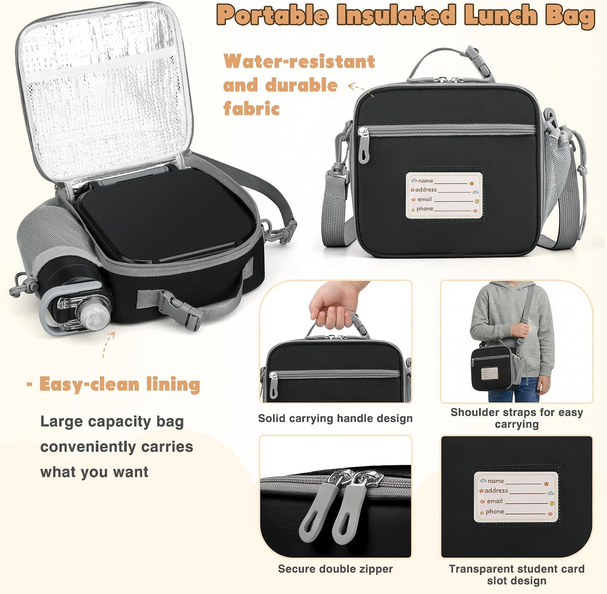 Bento Lunch Box for Kids with 7oz Soup Thermo,Insulated Stainless Steel Kids Water Bottle with Straw and Insulated Lunch Bag,Leak-Proof Lunch Food Container with Ice Pack for School(Black)