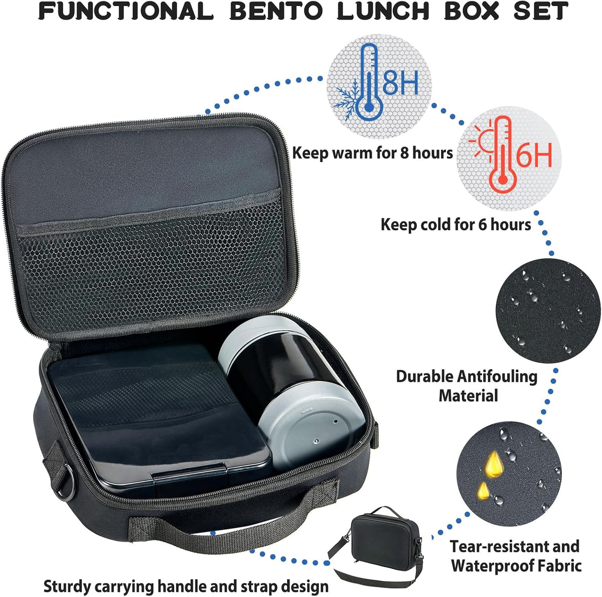 Bento Lunch Box Set for Kids with 10oz Soup Thermo, Leak-Proof Lunch Containers with 4 Compartment, Kids Thermo Hot Food Jar and Insulated Lunch Bag for Kid to School,BPA-Free(Black)