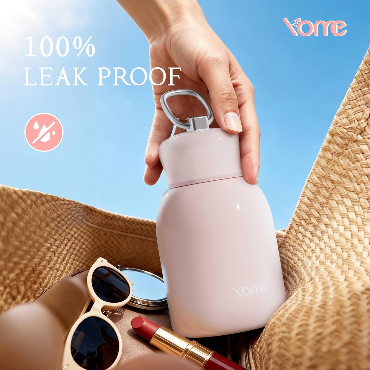 YOME 10oz Light Pink Insulated Mini Water Bottle with Lid & Lifting Loop for Women | Small Stainless Steel Cute Tumbler | Keeps Drinks Cold | Lightweight Gift Cup| Fits in Purse or Pocket