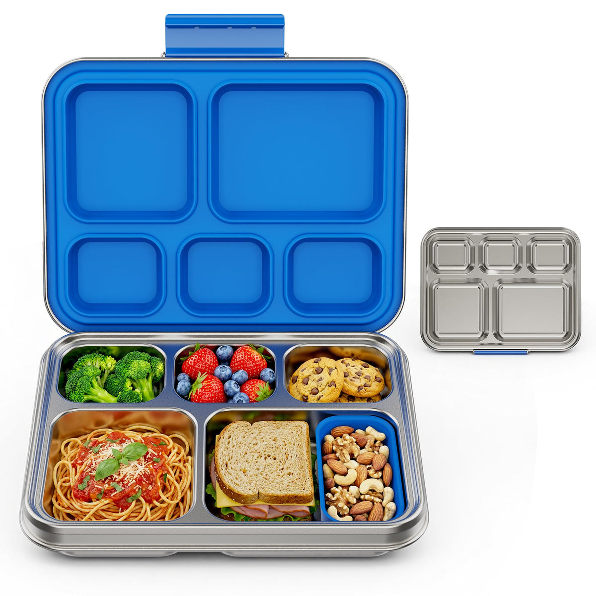 Pawtong Stainless Steel Lunch Box, 5-Compartment Bento Lunch Box for Kids & Adults,Metal Lunch Box with Removable Silicone Container, Lunch Box Containers for School,Office(Green)