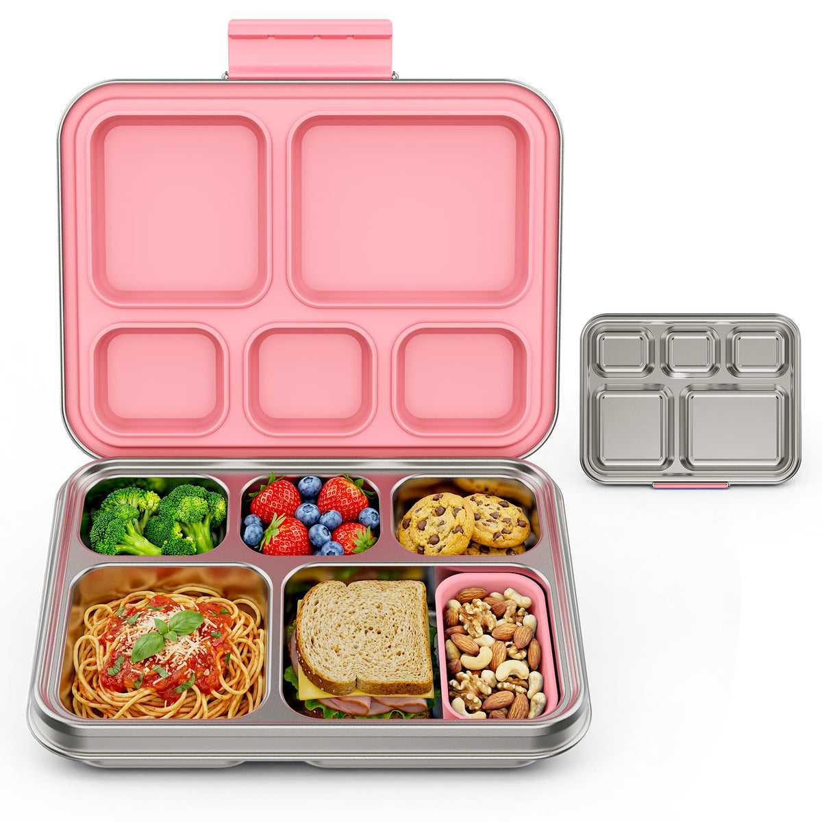Pawtong Stainless Steel Lunch Box, 5-Compartment Bento Lunch Box for Kids & Adults,Metal Lunch Box with Removable Silicone Container, Lunch Box Containers for School,Office(Green)