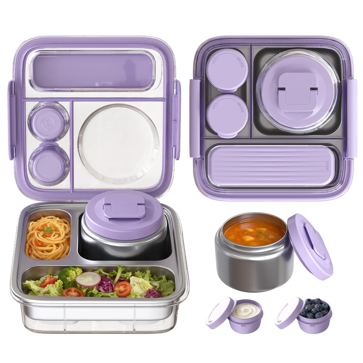 Stainless Steel Bento Lunch Box for Kids Adults with 8oz Insulated Food Jar,Ice Pack,Leak-proof,Dishwasher-Safe,Transparent Lid with Sauce Cup and Cutlery Storage for School & Travel,BPA-Free(Purple)